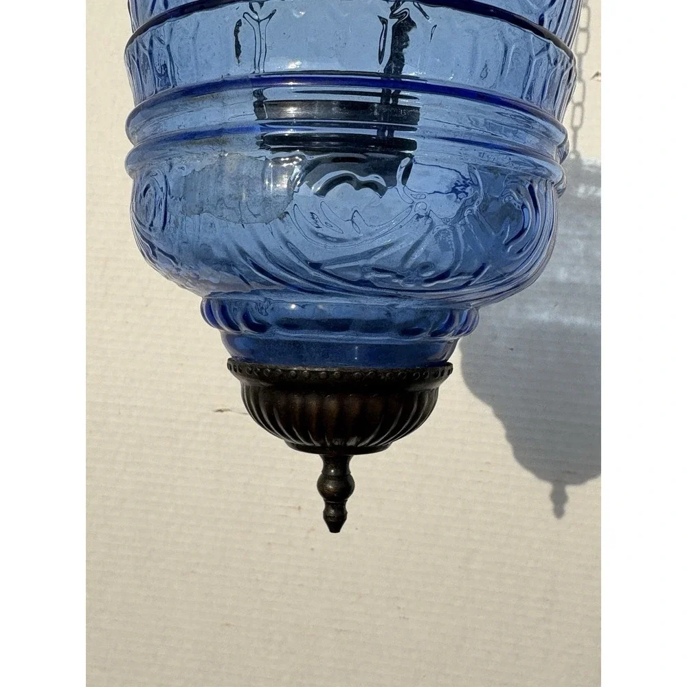 Antique hanging Blue Glass Bell Jar Candle Lantern ~ Pendant Bell